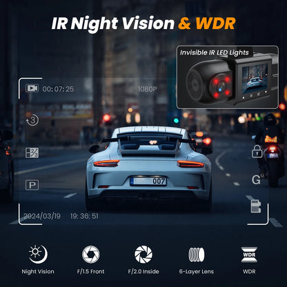 Dash Cam Front and Inside, 1080P FHD Car Camera with Rear IR Night Vision, Accident Lock, 24H Park Mode, G-Sensor, Included 32GB Card