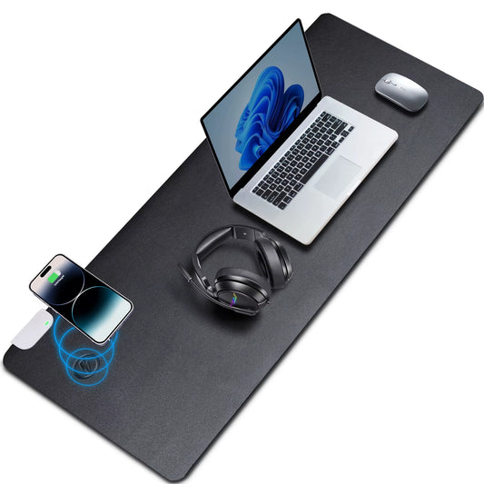 Home Office Storage Organizer 90*42CM Desk Mat with Phone Wireless Charger Mouse Pad PU Leather Desk Protector Pad Decor Mat