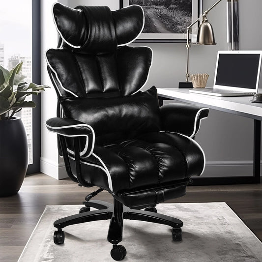 Big and Tall Executive Office Chair, Ergonomic PU Leather Office Chair, Reclining Office Chair with Footrest, Heavy Duty Desk Chair, Black