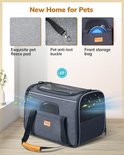 Cat Carrier - Soft Sided Cat Carrier Large for Big Medium Cats and Puppy up to 18Lbs, Pet Carrier with Safety Zippers, Foldable Bowl, Airline Approved Large Dog Carrier - Dark Gray