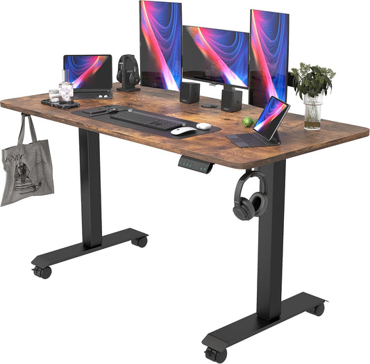 55" Electric Standing Desk,Height Adjustable Home Office Sit Stand up Computer PC Table,Tall Standup Workstation, Gaming Writing Study Bedroom Rising Desks,Brown