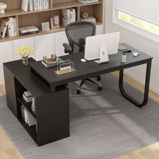 L Shaped Desk with Storage Shelf and 3 Drawers, 55" Home Office Corner Office Writing Desk Study Workstation Table, Black