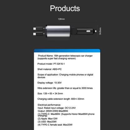4 in 1 120W Car Charger Retractable Car Cigarette Lighter Adapter USB Type C Fast Charger Cable for Iphone Xiaomi Huawei Samsung