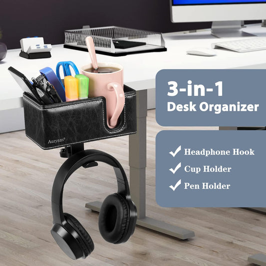 Desk Cup Holder Clip on Pen Holder Headphone Hanger Headset Stand Rotatable Clamp Hook under Desk (Black)
