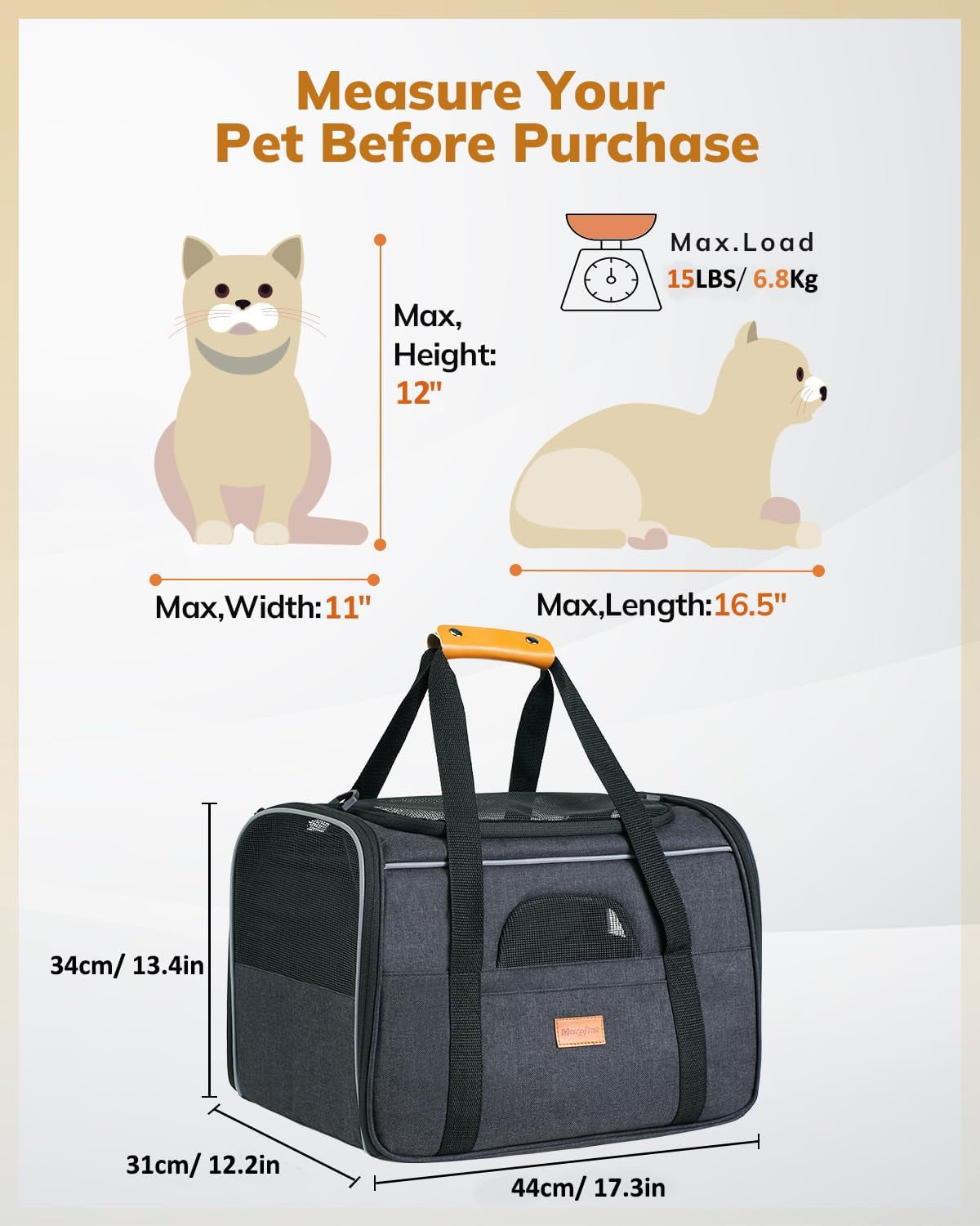 Cat Carrier - Soft Sided Cat Carrier Large for Big Medium Cats and Puppy up to 18Lbs, Pet Carrier with Safety Zippers, Foldable Bowl, Airline Approved Large Dog Carrier - Dark Gray
