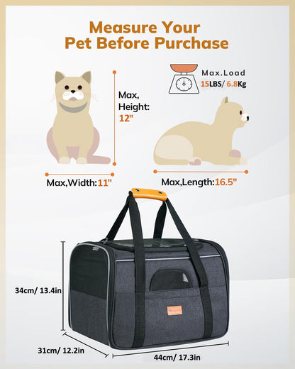 Cat Carrier - Soft Sided Cat Carrier Large for Big Medium Cats and Puppy up to 18Lbs, Pet Carrier with Safety Zippers, Foldable Bowl, Airline Approved Large Dog Carrier - Dark Gray