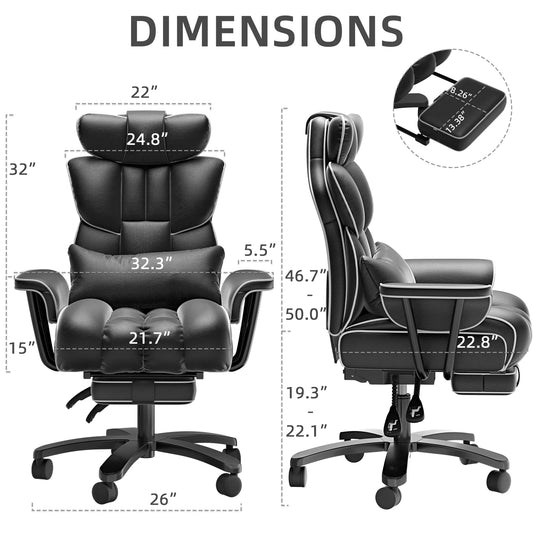 Big and Tall Executive Office Chair, Ergonomic PU Leather Office Chair, Reclining Office Chair with Footrest, Heavy Duty Desk Chair, Black